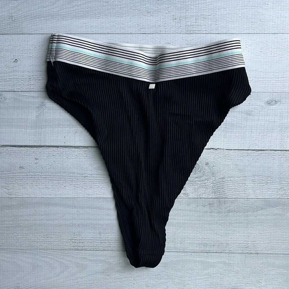 Dolce Vita Black Ribbed High Cut High Rise Bathing Suit Bottom Size XS - Picture 3 of 4